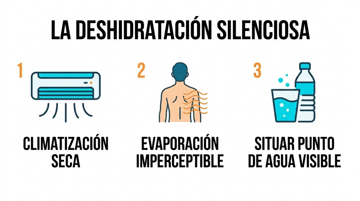 Infografía sobre cómo el aire acondicionado y la calefacción provocan deshidratación silenciosa y cómo prevenirla en la oficina.