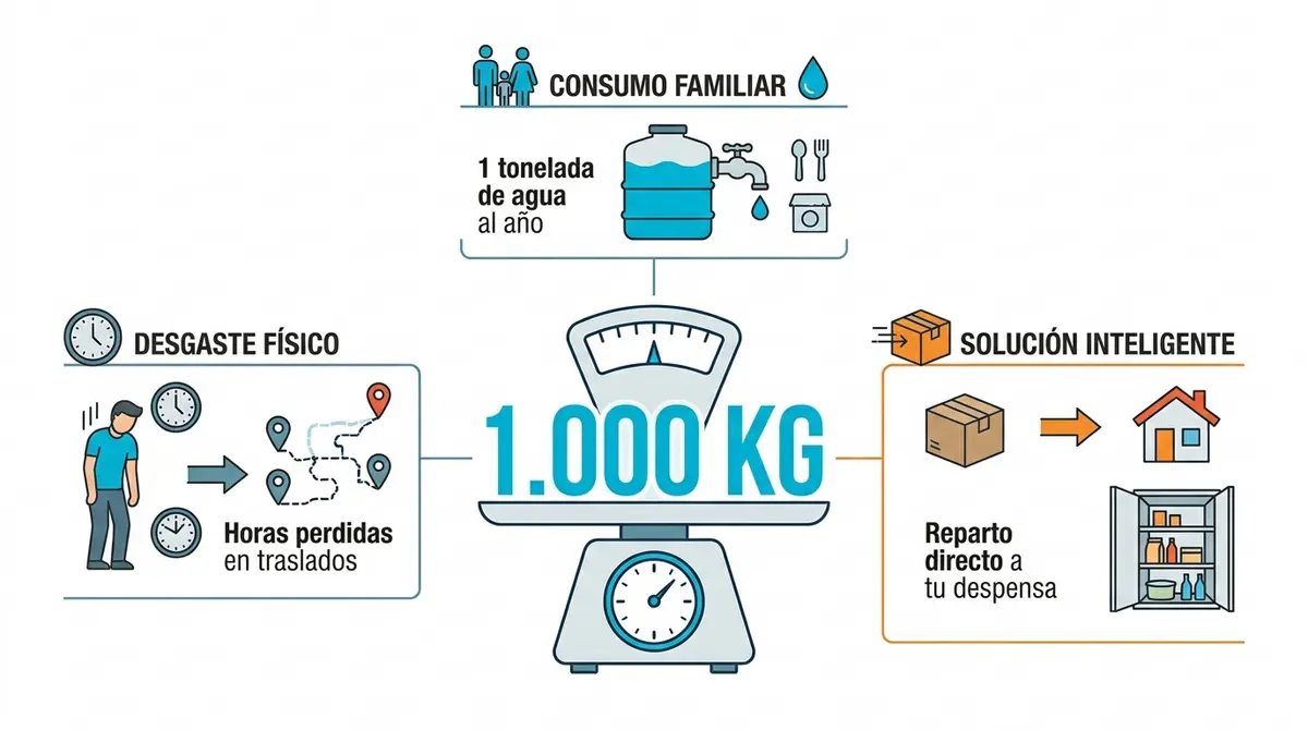 Gráfico que muestra el volumen y peso de agua consumido por una familia promedio en un año.