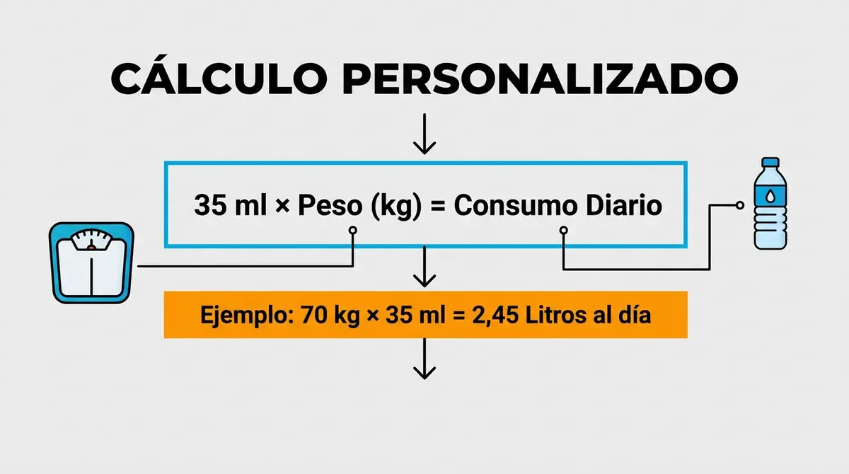 Diagrama explicativo con la fórmula para calcular el consumo diario de agua según el peso corporal.