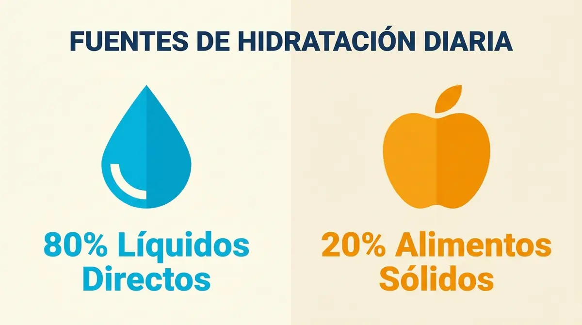 Infografía que divide las fuentes de hidratación diaria entre líquidos directos y alimentos sólidos.