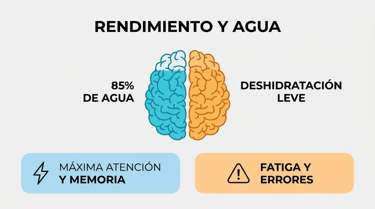 Infografía que compara el rendimiento cerebral en estado óptimo de hidratación frente a la deshidratación leve en la oficina.