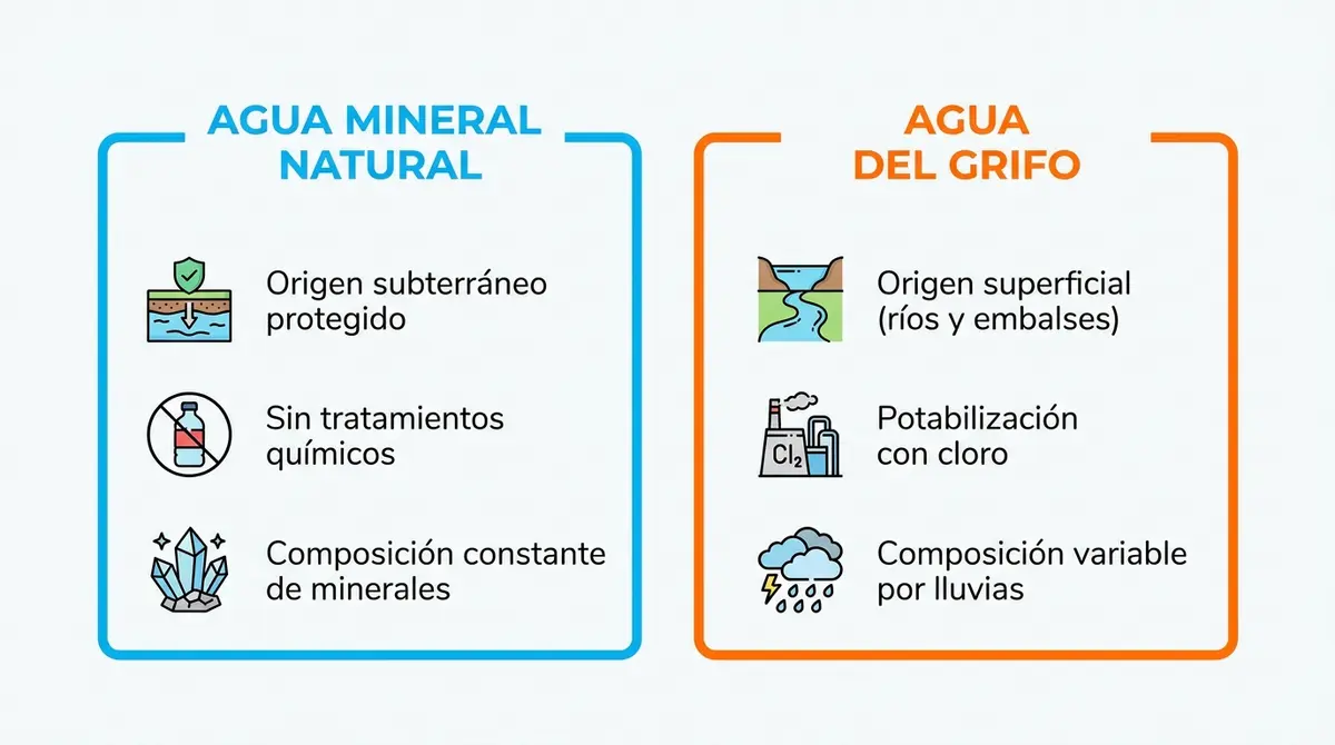 Infografía comparativa que detalla el origen y tratamiento del agua mineral natural versus el agua del grifo