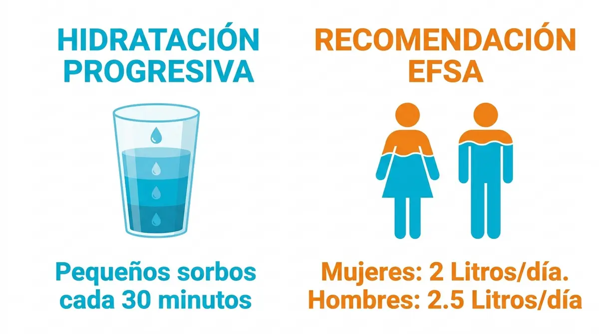 Infografía limpia con las recomendaciones de la EFSA sobre el consumo de agua diario y pautas para el teletrabajo.