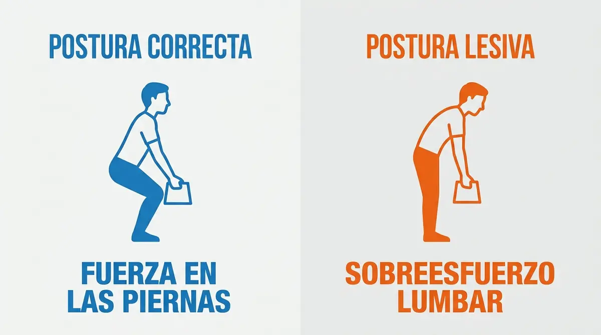 Infografía comparativa que muestra la técnica correcta e incorrecta para levantar bolsas de compra pesadas del suelo.