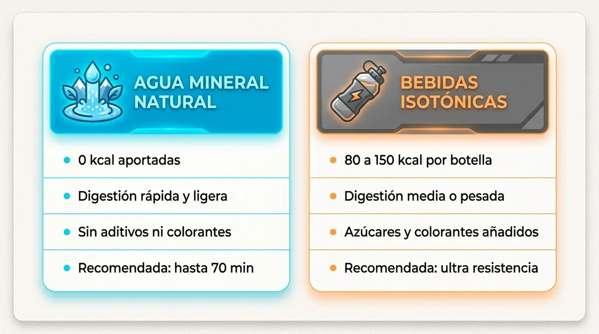Tabla comparativa visual entre agua mineral natural y bebidas isotónicas para deportistas