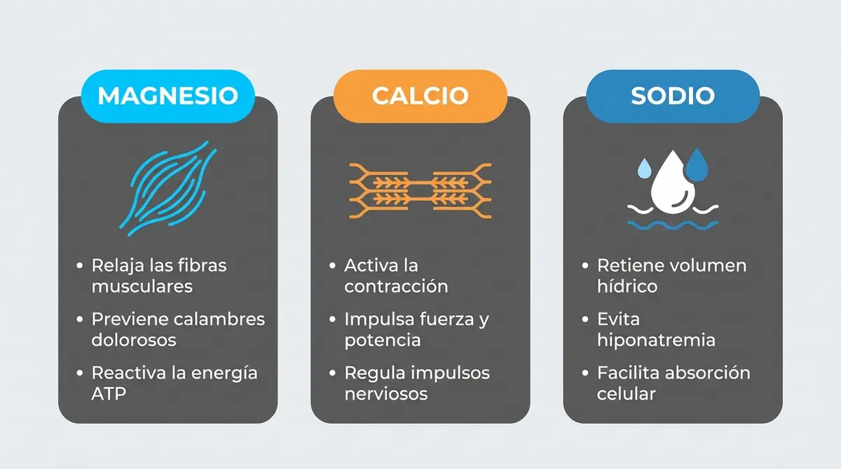 Infografía explicativa sobre los minerales esenciales del agua y su función en la recuperación muscular: magnesio, calcio y sodio