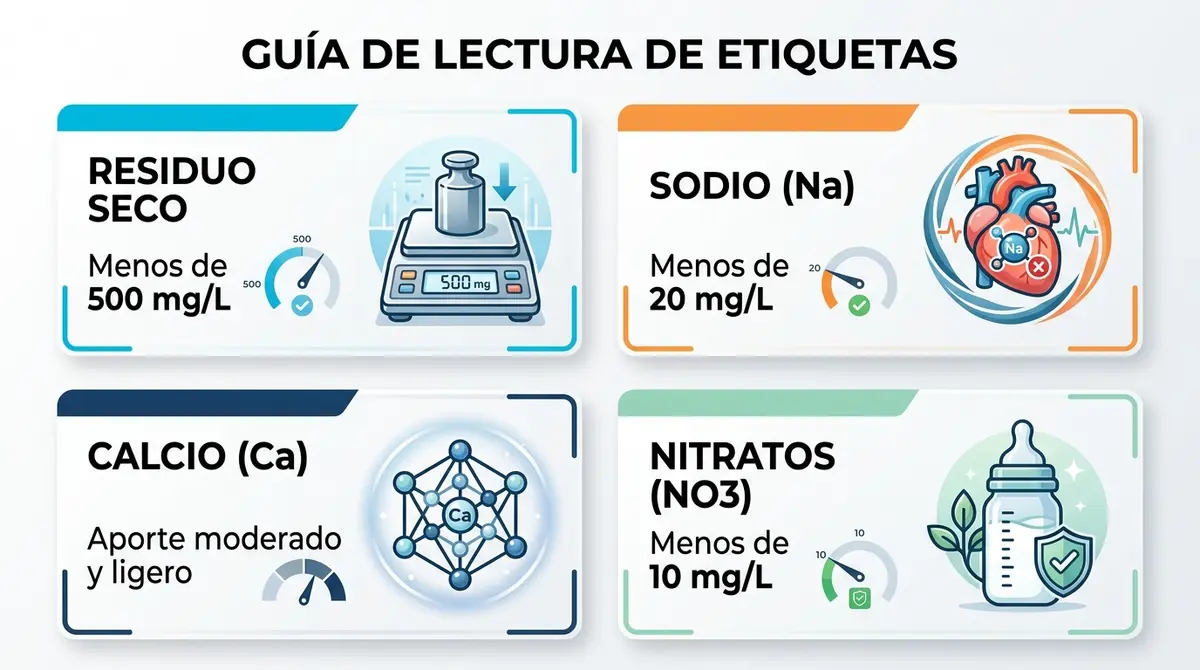 Infografía explicativa con los cuatro valores clave para interpretar la etiqueta del agua mineral envasada